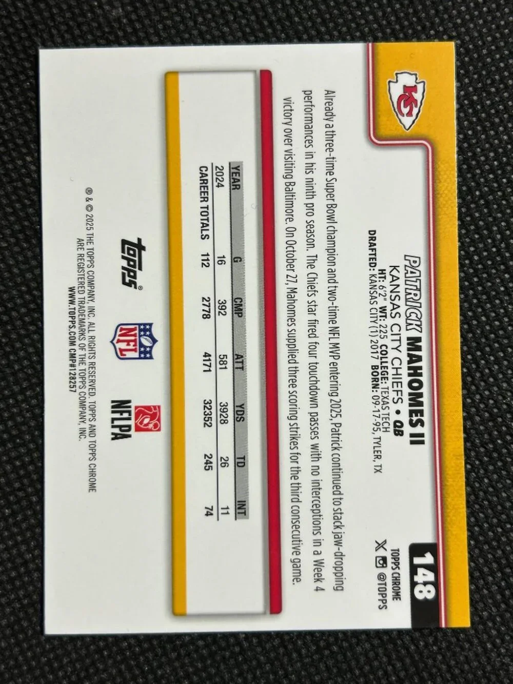 2025 Topps Chrome #148 Patrick Mahomes II Kansas City Chiefs - Picture 2 of 2